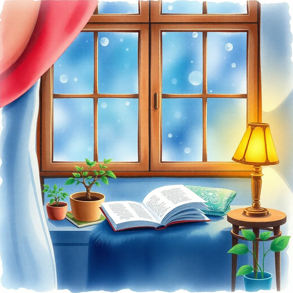 AI image: A cosy reading nook by a rainy window, warm lamp light, watercolour illustration