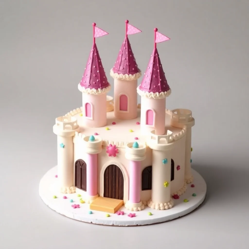 AI image: Birthday cake shaped like a castle, colourful, studio product photo