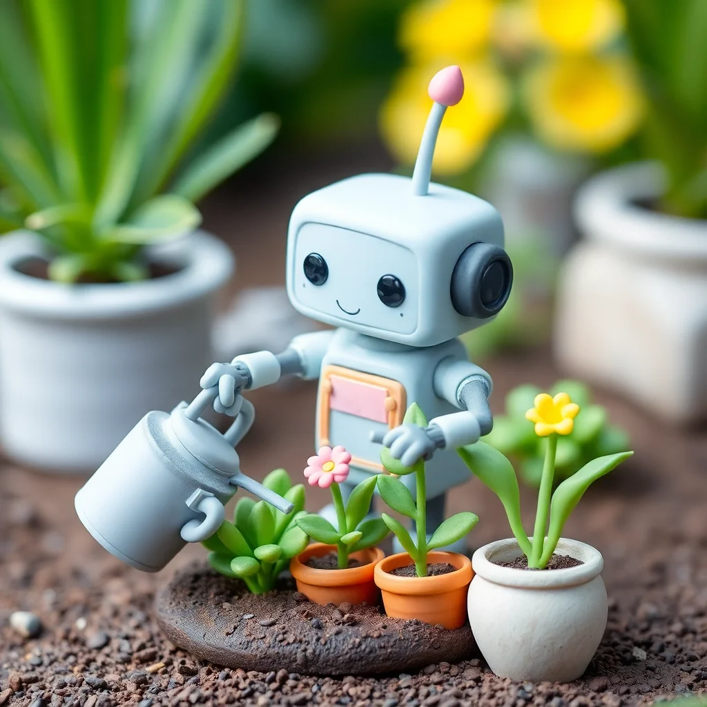 AI image: Cute 3D clay character of a robot gardener watering plants, pastel colours